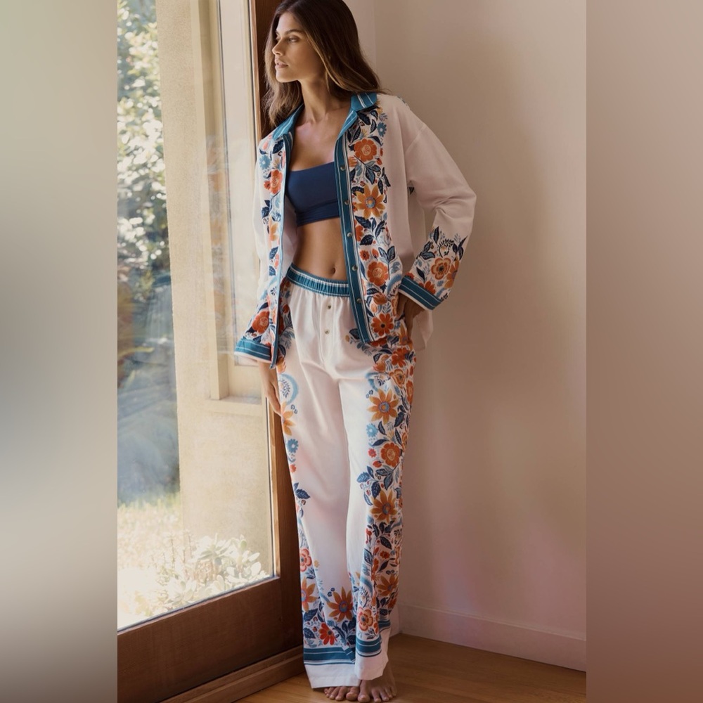 Anthropologie White Blue Orange Floral Print Pajama Pants XL - Picture 3 of 16